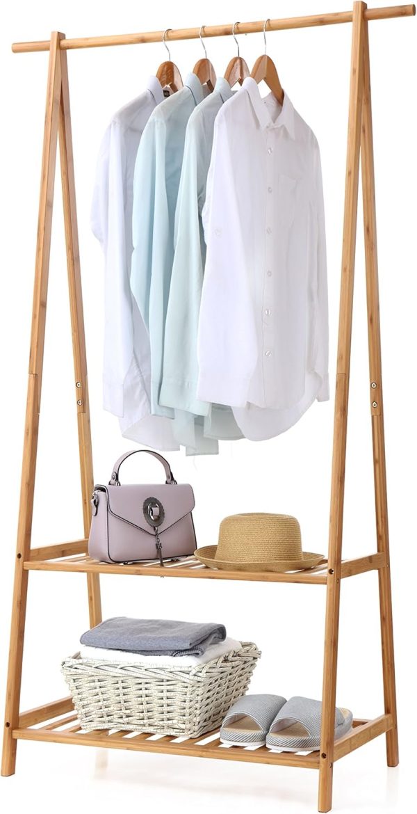 Bamboo Clothes Rack Portable Extra Large Garment Rack 2-Tire Storage Box Shelves For Entryway and Bed Room Patented Design