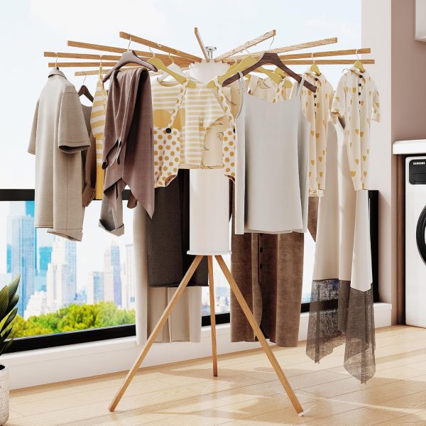 Clothes Drying Rack Tripod,Drying Rack Clothing,Laundry Drying Rack,Floor Standing,16 Wooden Poles,Collapsible Drying Racks for Laundry,Retractable,Foldable,Folding Laundry Rack