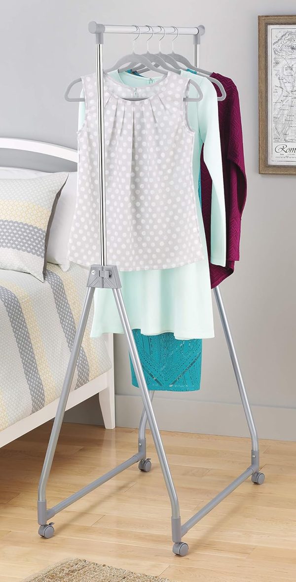 Foldable Garment Rack - Rolling Clothes Rack - Adjustable Height - Silver