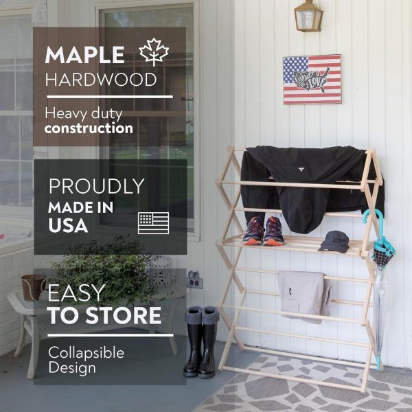 Clothes Drying Rack: Solid Maple Hard Wood Laundry Rack for Baby Clothes, Hand Towels, Delicates & More, Durable Small Folding Drying Rack, Made in USA, No Assembly Needed