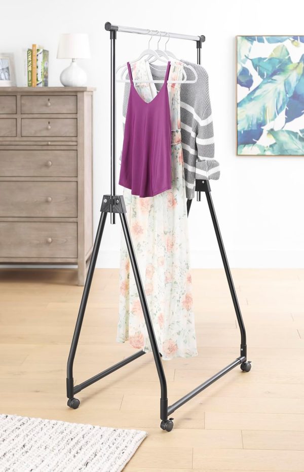 Folding Garment Rack - Rolling Clothes Hanger - Adjustable Height - Black