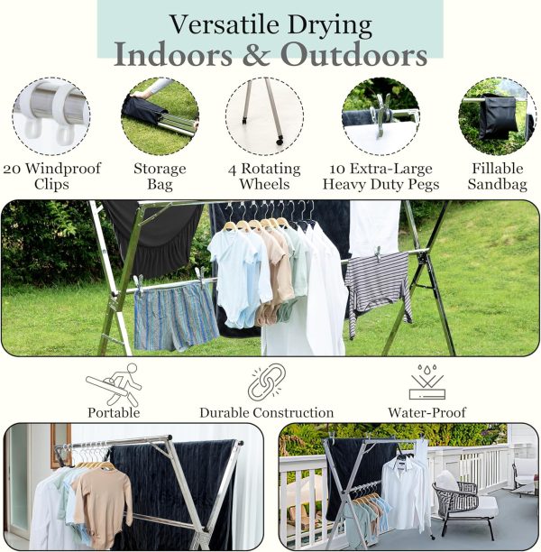 Foldable Clothes Drying Rack with Wheels - 95-Inch Expandable Laundry Rack, 20 Windproof Clips, 10 Large Pegs, Sandbag, Storage Bag for Indoor/Outdoor Use