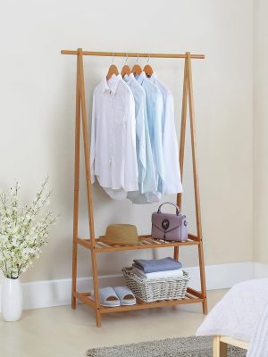 Bamboo Clothes Rack Portable Extra Large Garment Rack 2-Tire Storage Box Shelves For Entryway and Bed Room Patented Design
